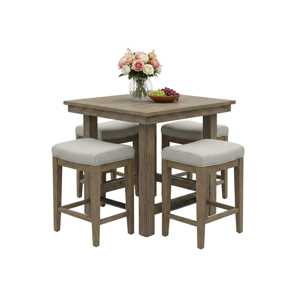 Dining set with a table and four stools in a room with large windows.