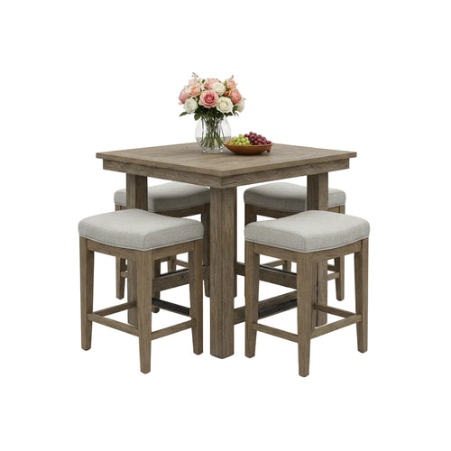 Dining set with a table and four stools in a room with large windows.