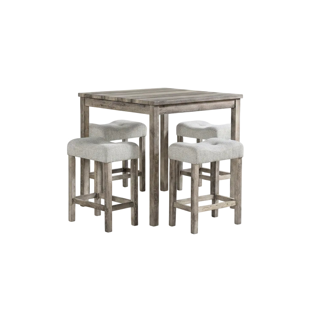 Dining set with a table and four stools in a room with large windows.