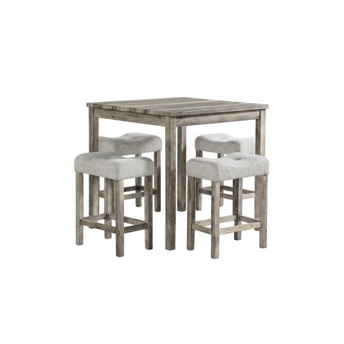 Dining set with a table and four stools in a room with large windows.