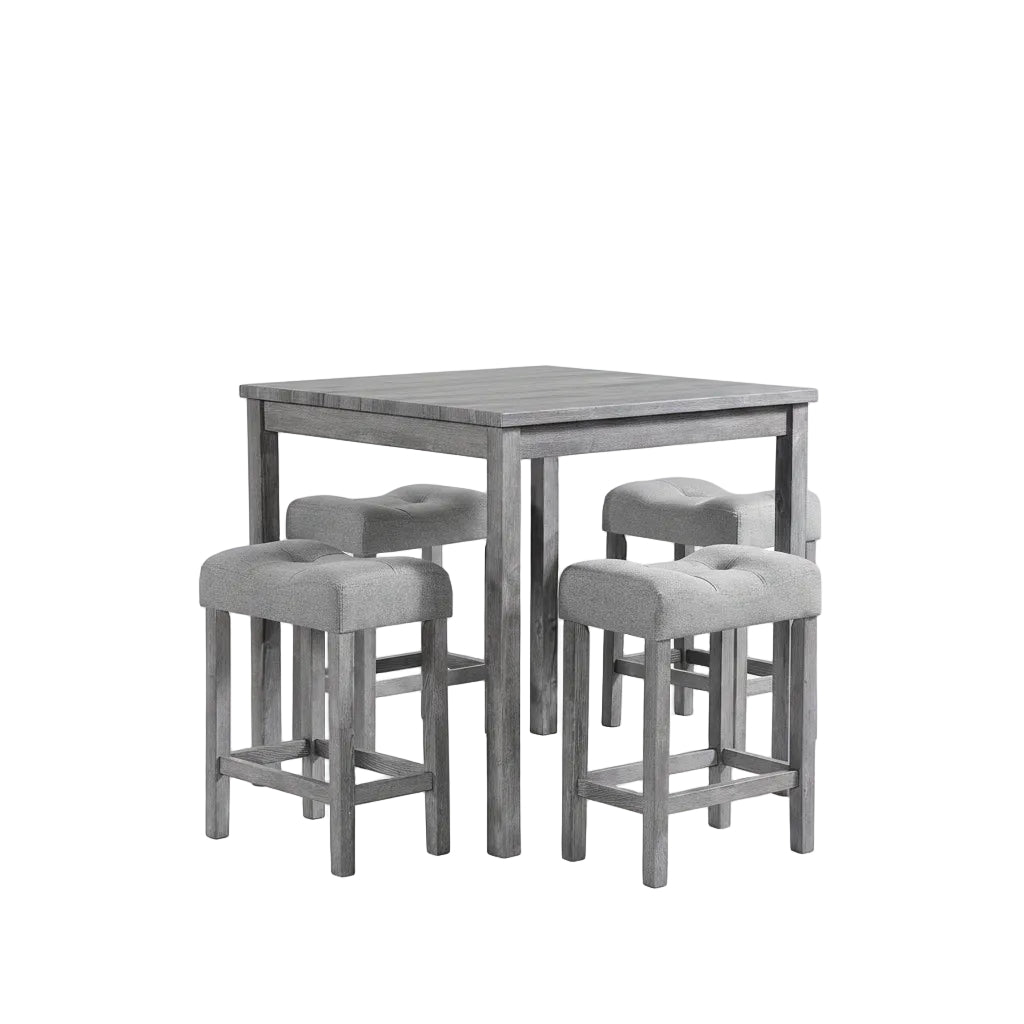 Gray dining table with four matching stools in a room with large windows and decorative elements.