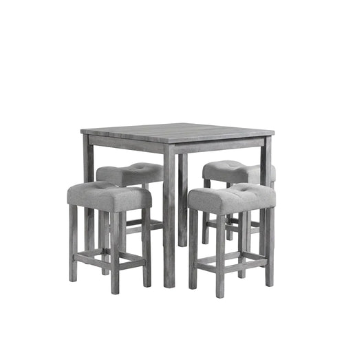 Gray dining table with four matching stools in a room with large windows and decorative elements.