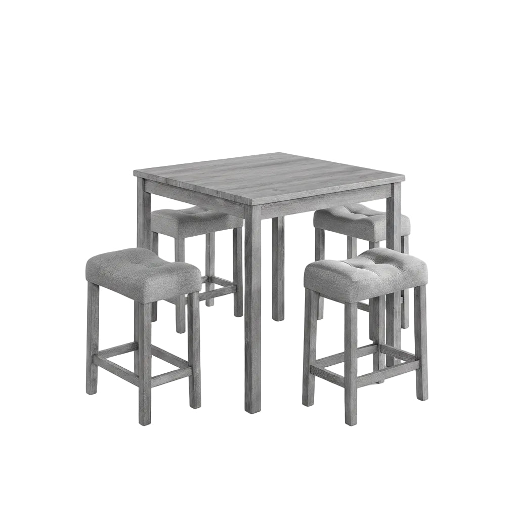 Gray dining table with four matching stools in a room with a plant and framed pictures on the wall.