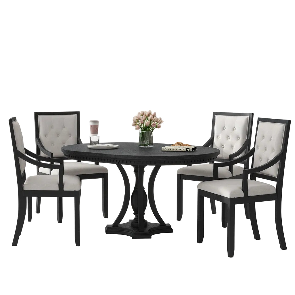 Dining room with a black round table and chairs in a modern interior setting.