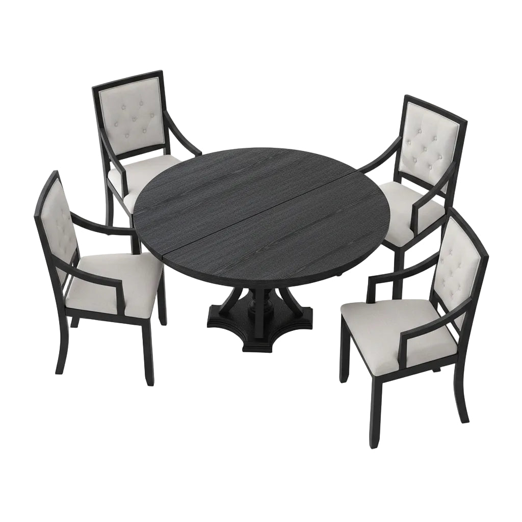 Dining room with a round dark wood table and four chairs on a patterned rug.