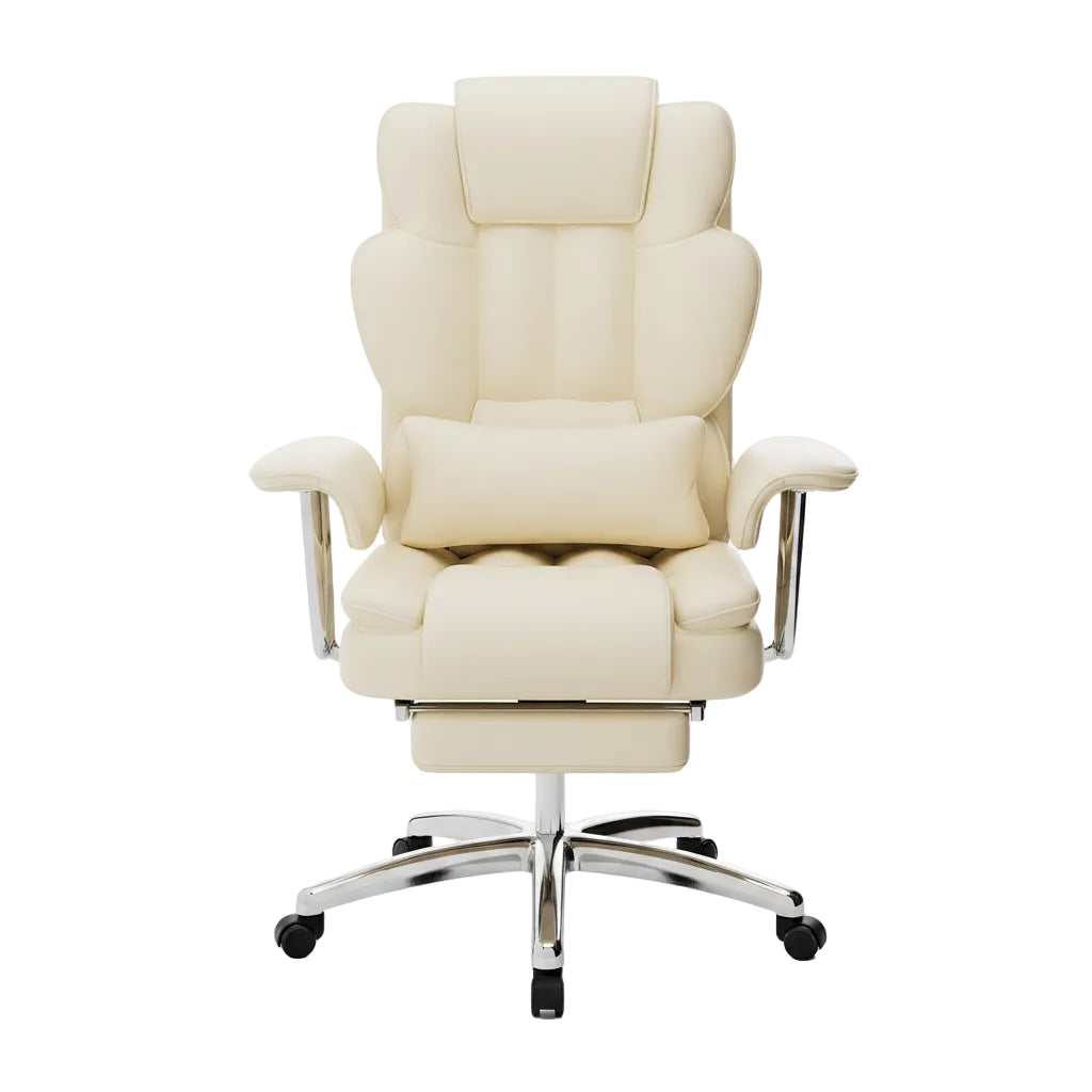 Beige office chair in a modern office setting with a desk and bookshelf.