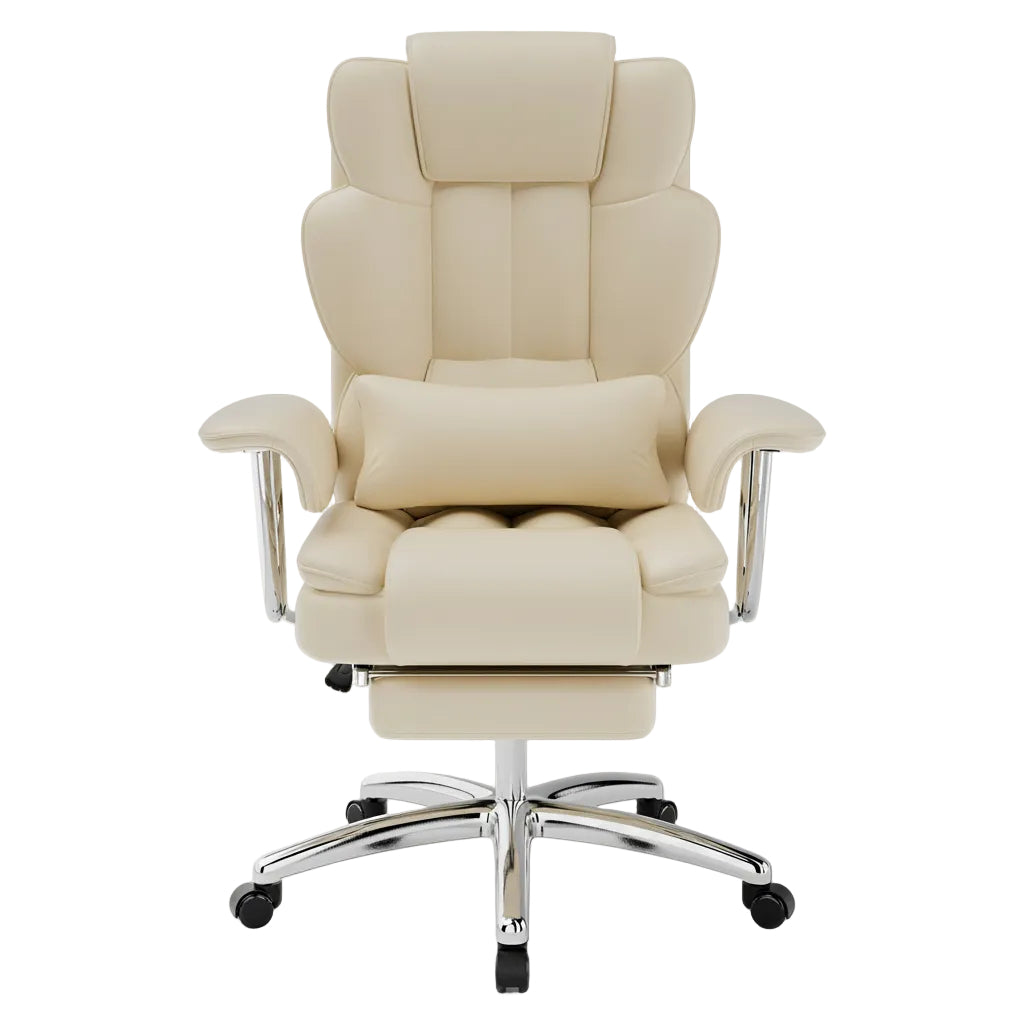 Beige massage chair with chrome base on a white background
