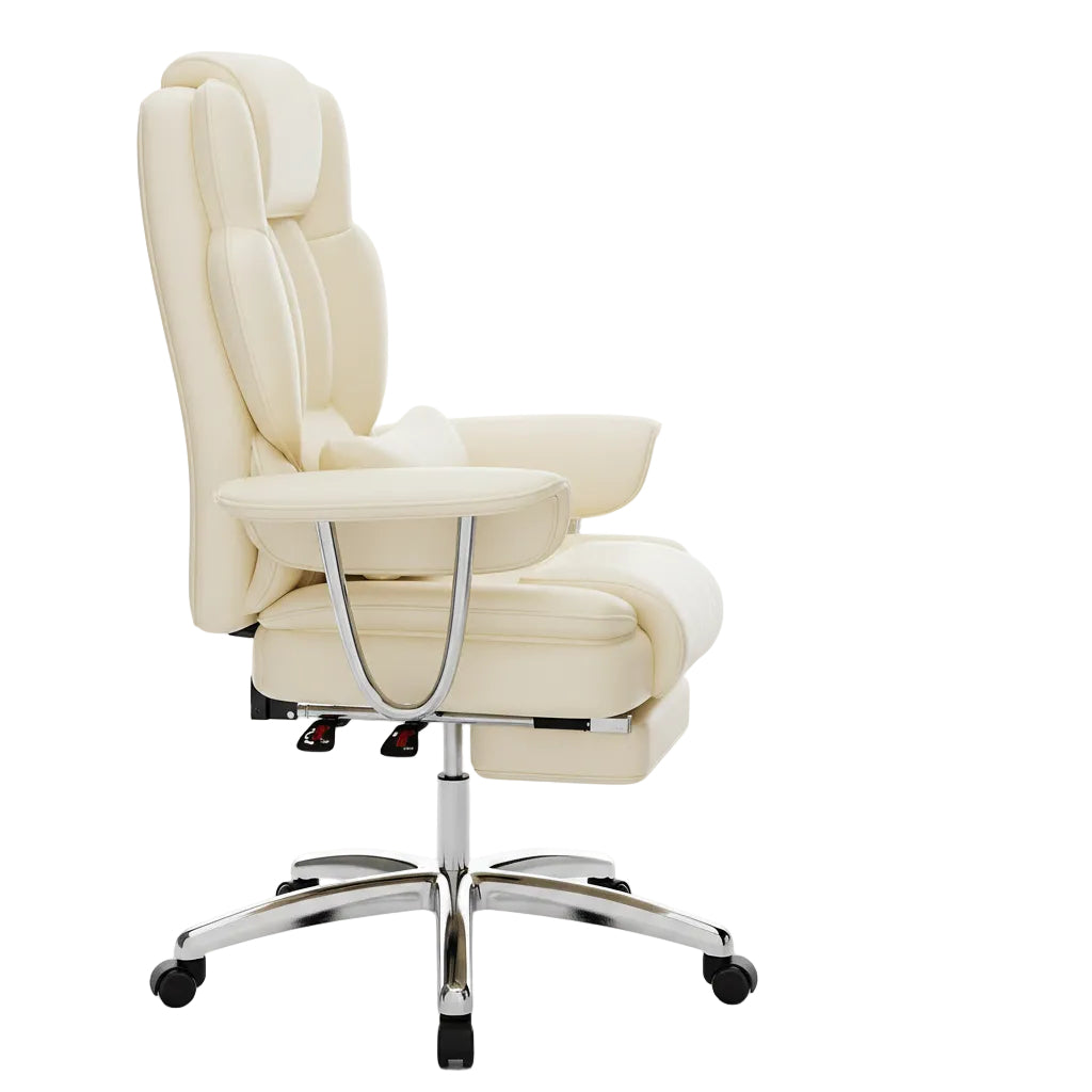 Cream-colored office chair in a modern office setting with a desk and bookshelf.