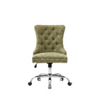 Green office chair with chrome base in a room with a desk and decor.
