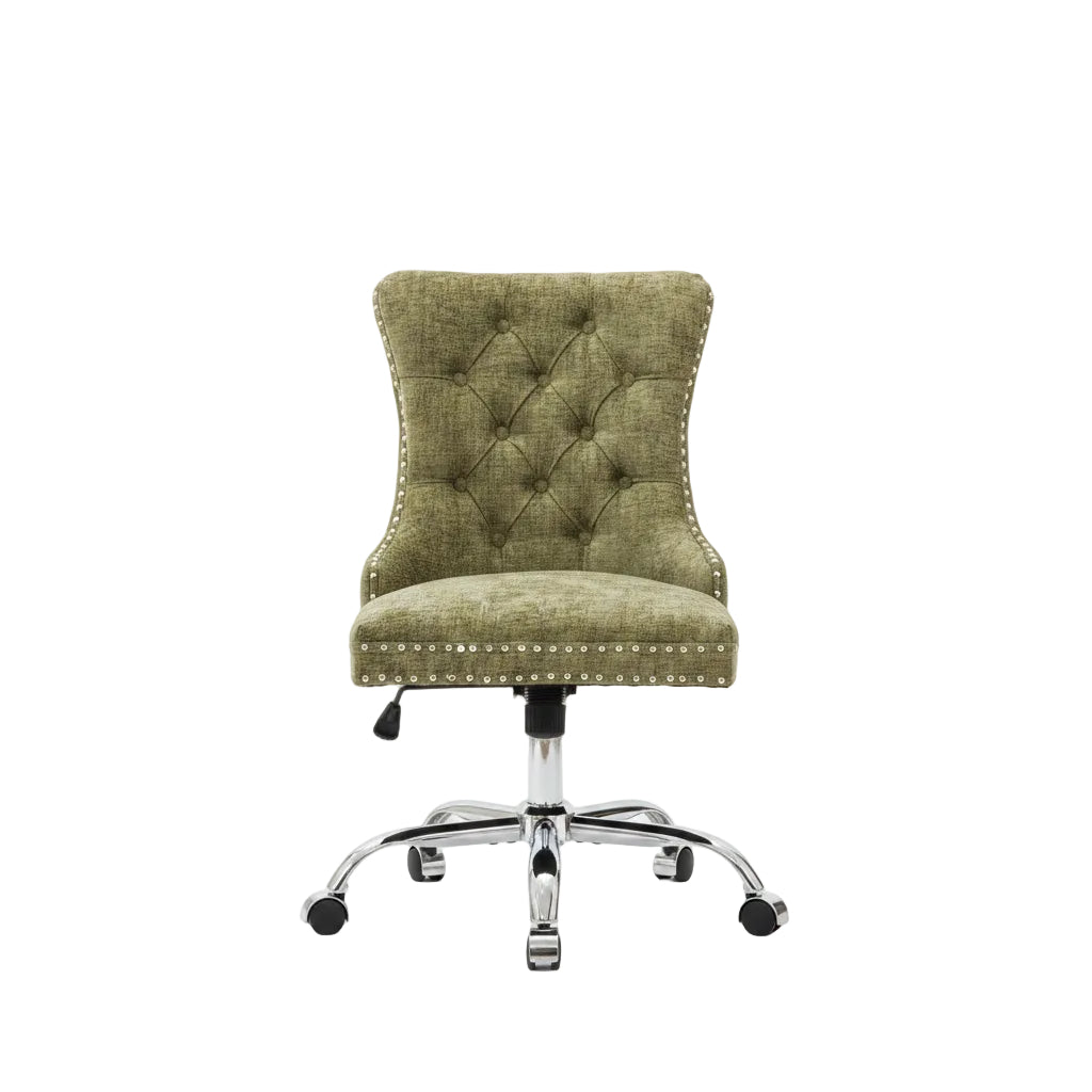 Green office chair with chrome base in a room with a desk and decor.