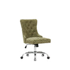 Green office chair with chrome base in a room with a desk and decor.