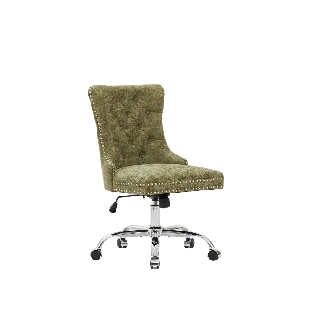 Green office chair with chrome base in a room with a desk and decor.