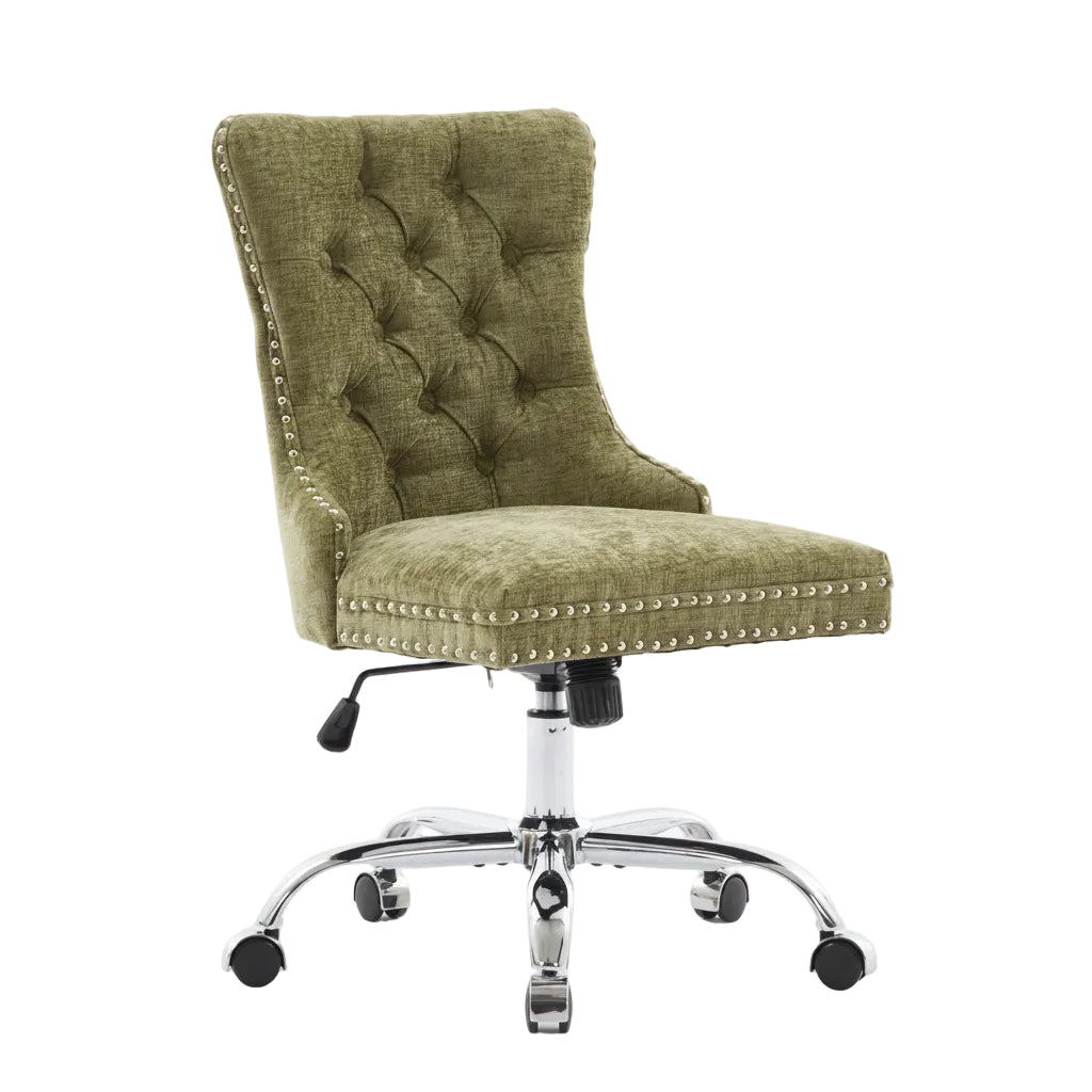 Green office chair with tufted backrest and chrome base on a white background