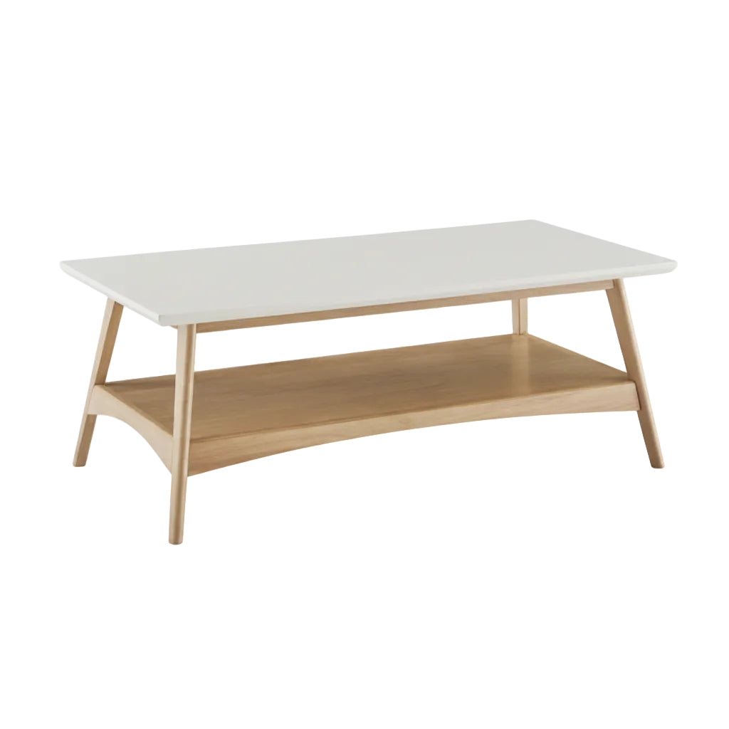 Coffee table with white top and wooden legs on a white background