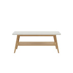 Small table with a white top and wooden legs on a white background