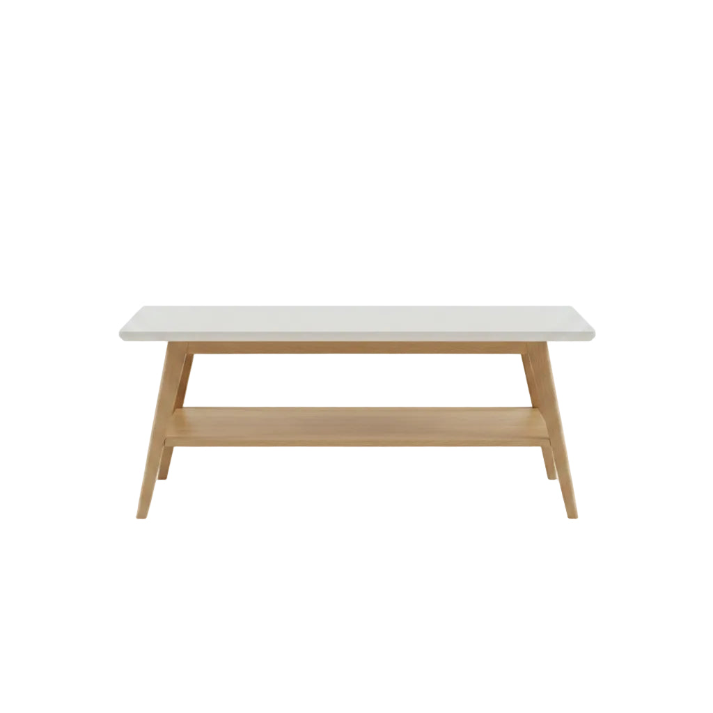 Small table with a white top and wooden legs on a white background
