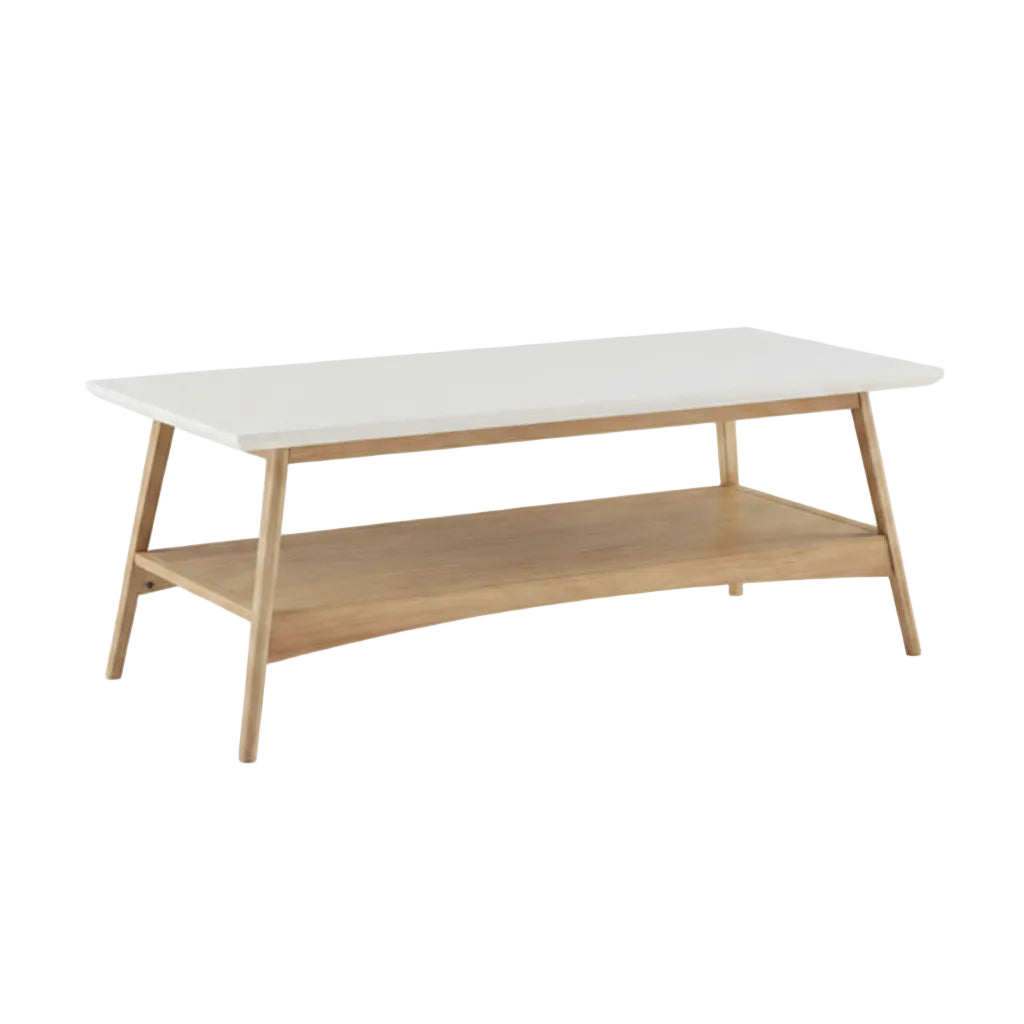 Coffee table with white top and wooden legs on a white background