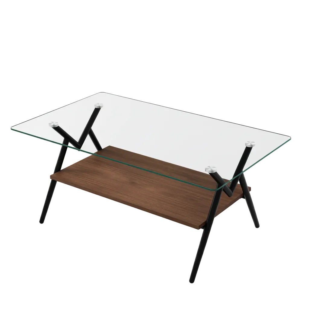 Glass top table with wooden shelf and black metal legs on a white background