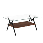 Glass-top coffee table with wooden shelf and black metal legs on a white background