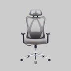 Gray office chair with measurements and weight capacity displayed on a white background