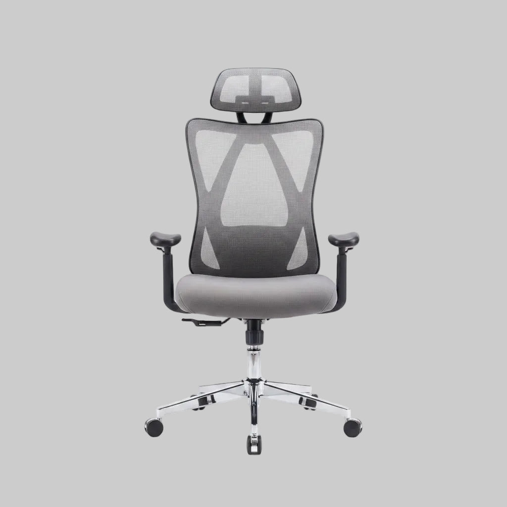 Gray office chair with measurements and weight capacity displayed on a white background