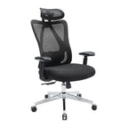 Black office chair with mesh back and adjustable headrest on a white background