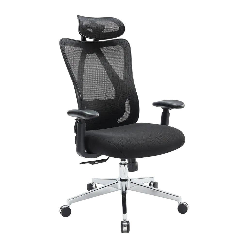Black office chair with mesh back and adjustable headrest on a white background