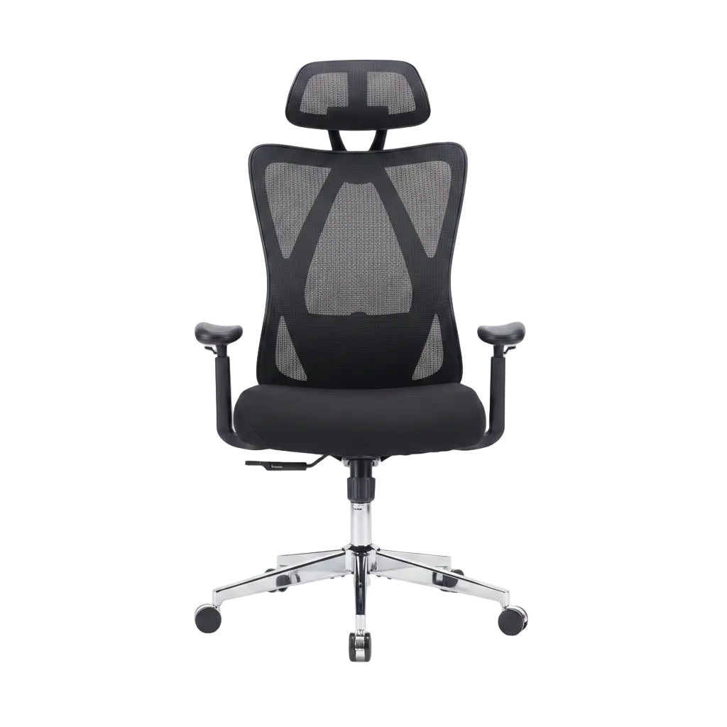 Black office chair with measurements and weight capacity on a white background