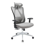 Gray office chair with mesh back and adjustable headrest on a white background