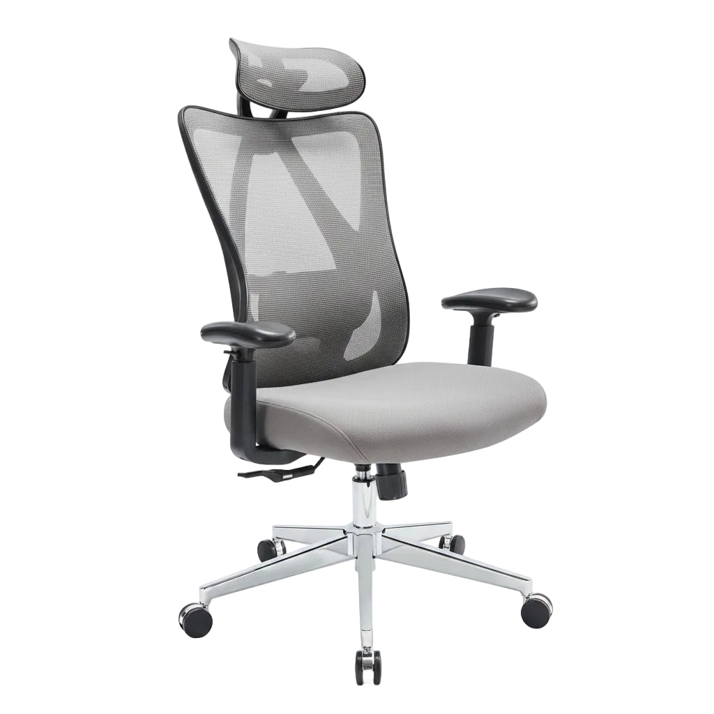 Gray office chair with mesh back and adjustable headrest on a white background