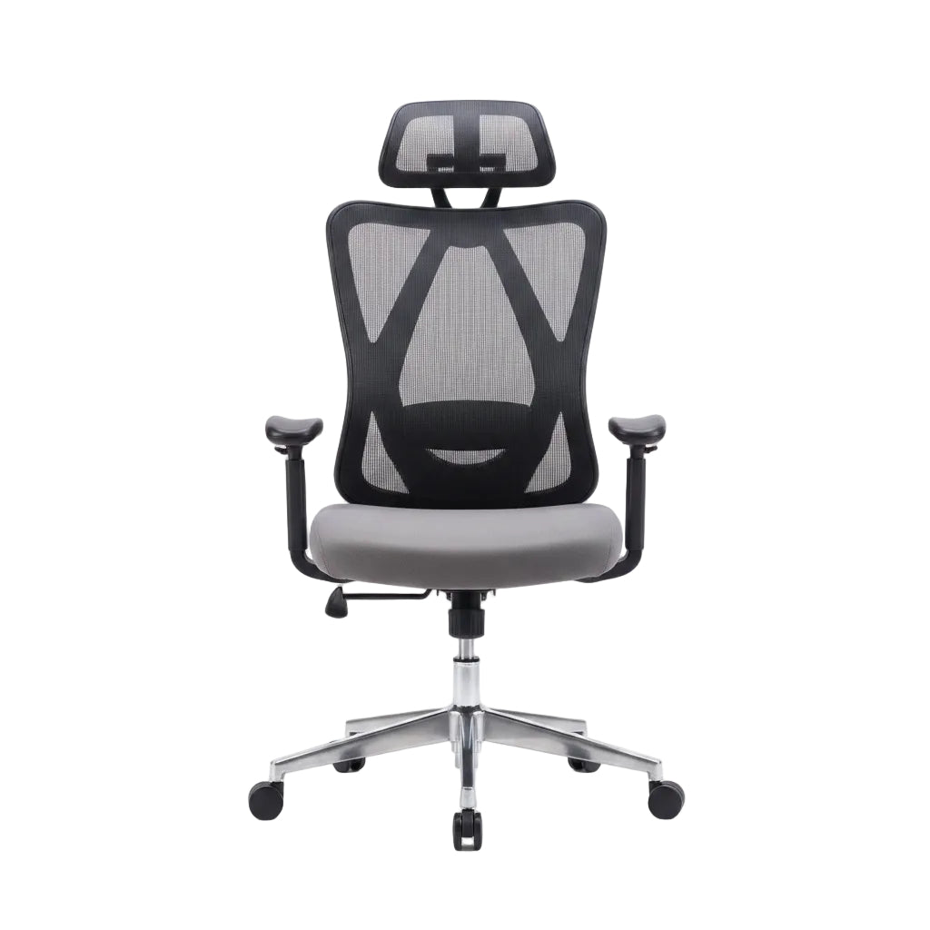 Ergonomic office chair with text highlighting features on a white background