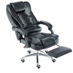 Black leather office chair with footrest on a white background