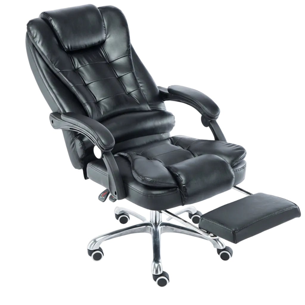 Black leather office chair with footrest on a white background