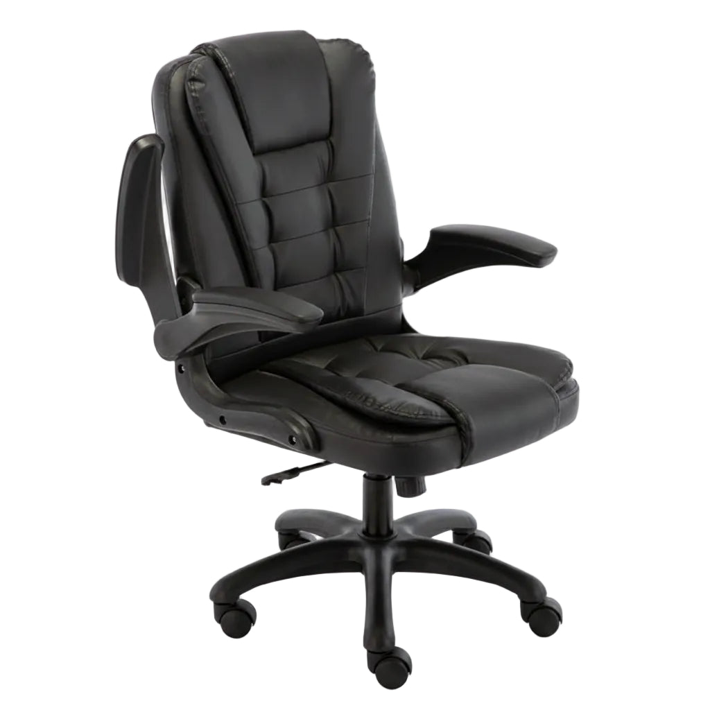 Black office chair with quilted design on a white background