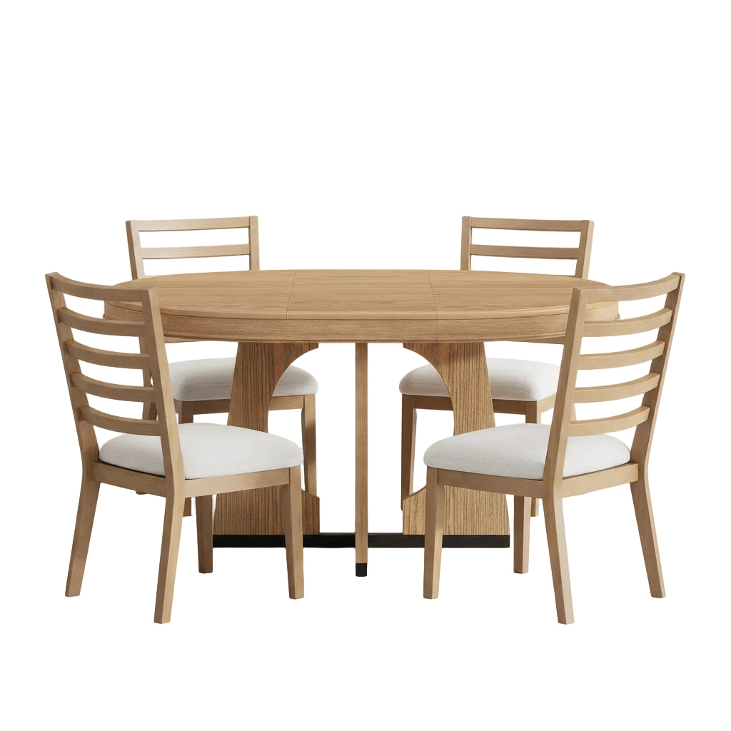 Dining area with wooden table and chairs in a kitchen setting