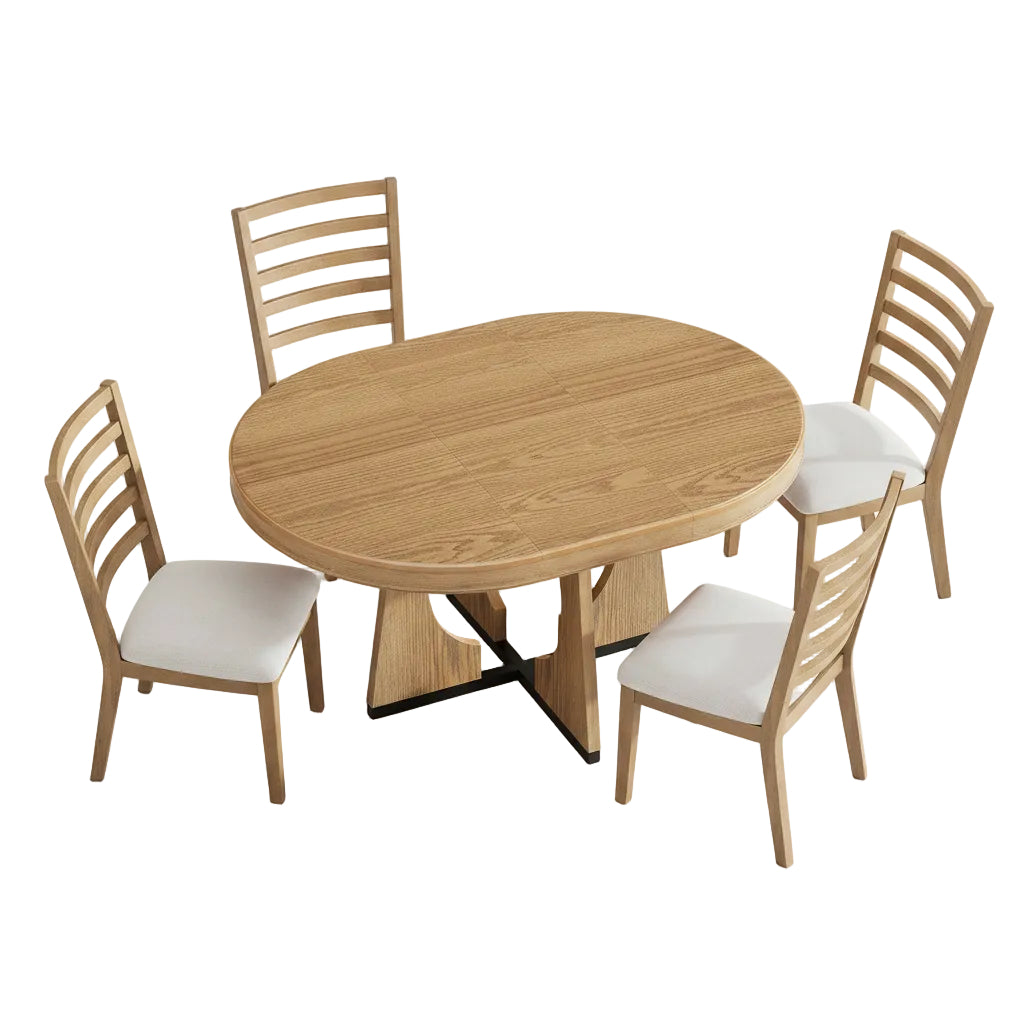 Dining area with a wooden table and chairs in a kitchen setting