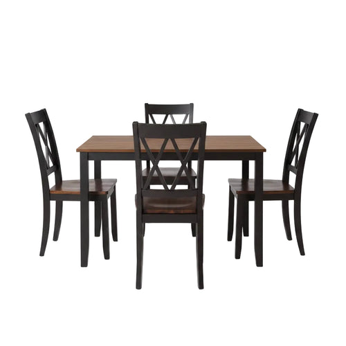 Dining room set with a table and four chairs in a well-lit room.