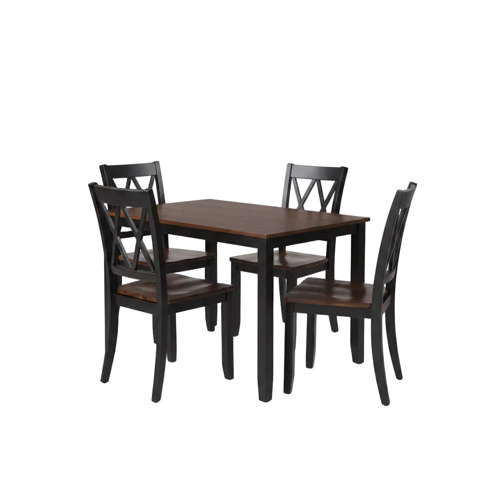 Dining room with a dark wood table and chairs on a gray rug.