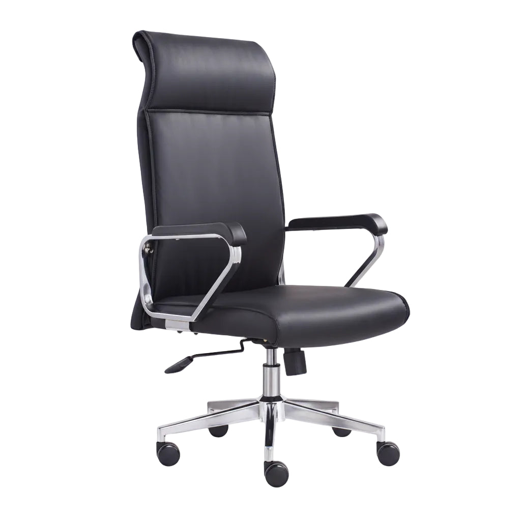 Black office chair with chrome accents on a white background