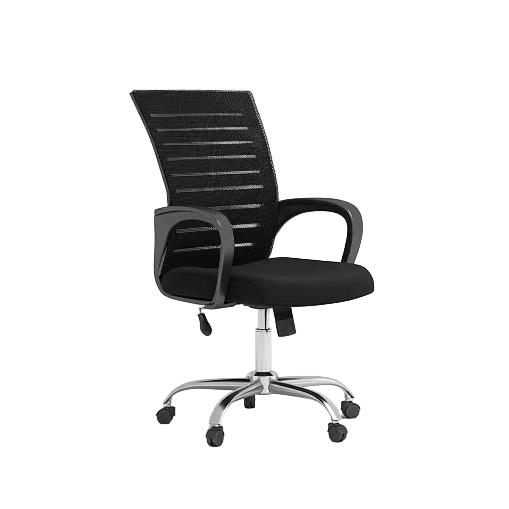 Black office chair with mesh backrest on a white background