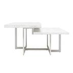 Two white marble tables with metal legs on a white background