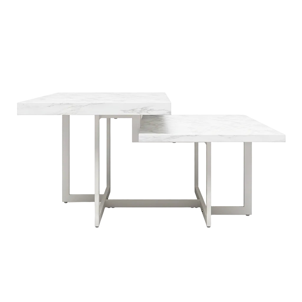 Two white marble tables with metal legs on a white background