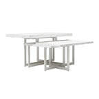 White marble dining table with a minimalist design on a white background
