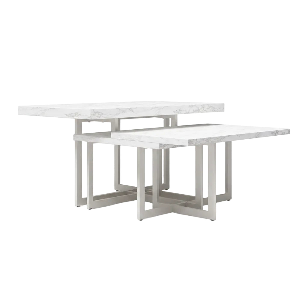 White marble dining table with a minimalist design on a white background