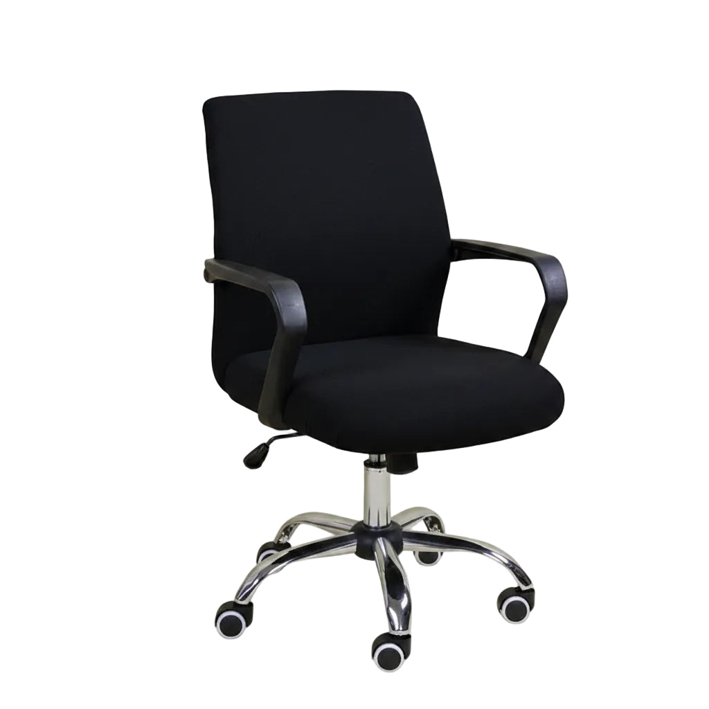 Black office chair with chrome base on a white background