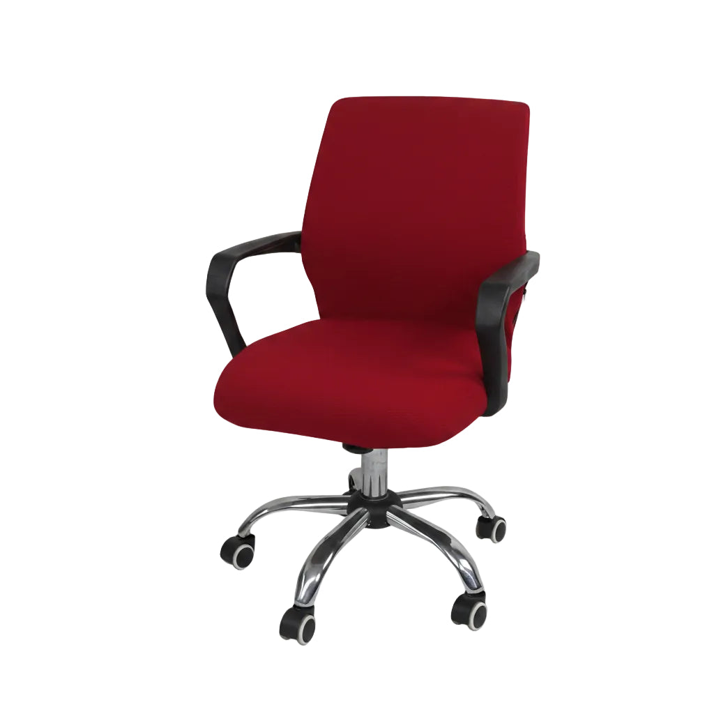 Red office chair with black armrests on a white background