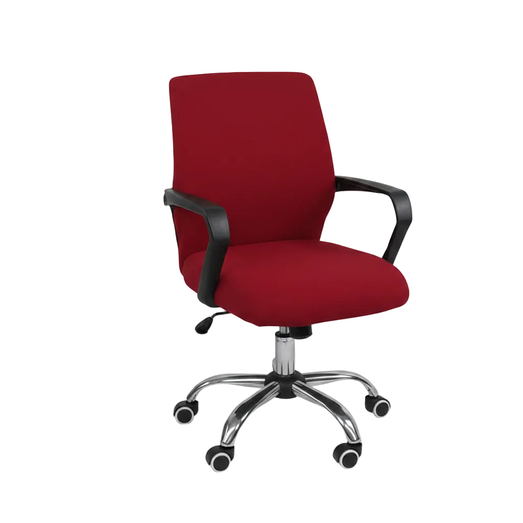 Red office chair with black armrests on a white background