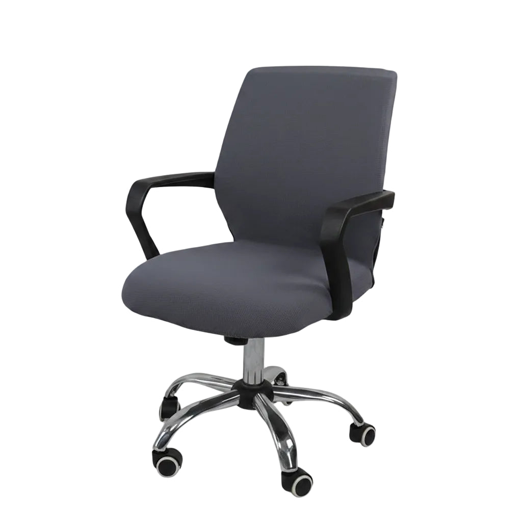 Gray office chair with black armrests on a white background