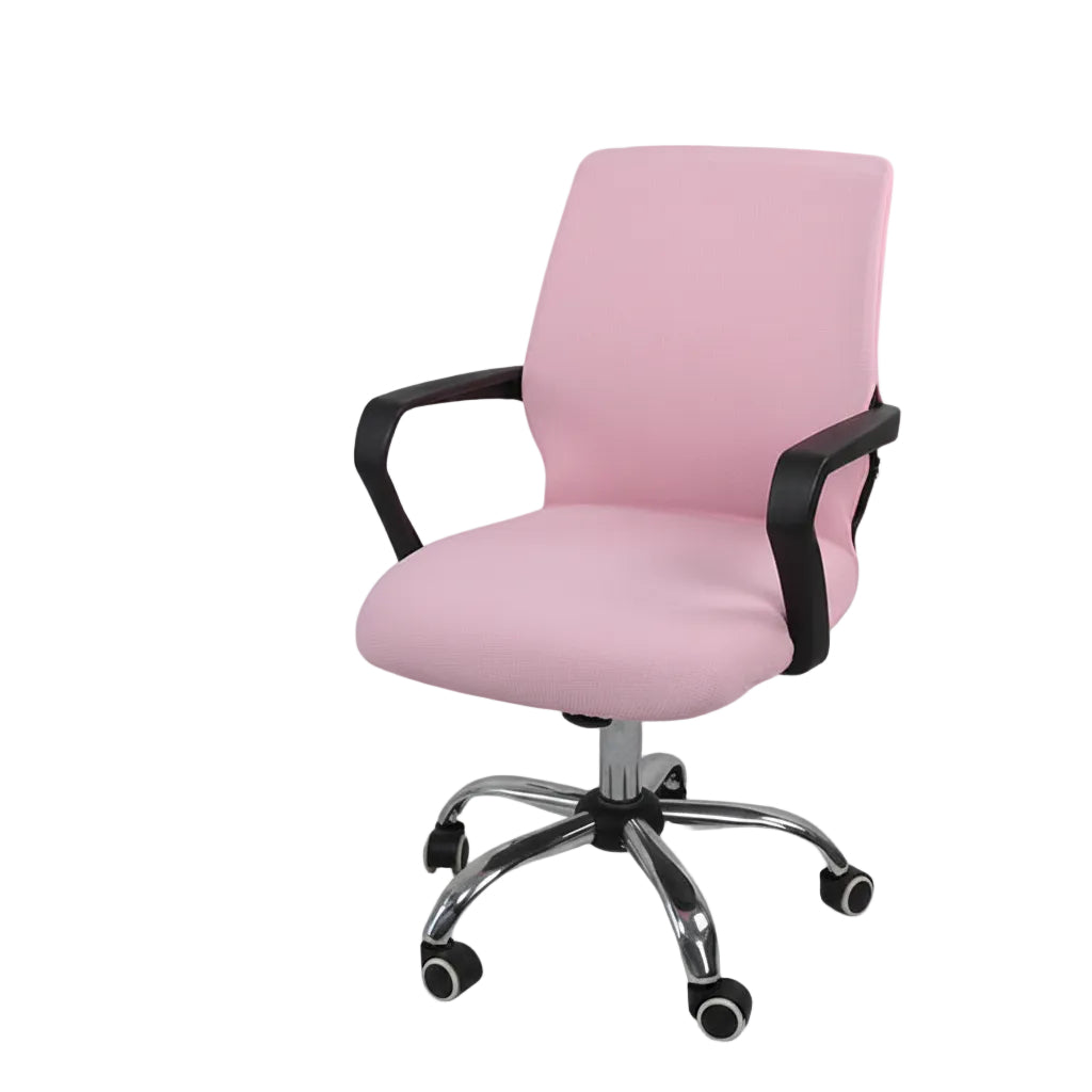 Pink office chair with black armrests and wheels on a white background
