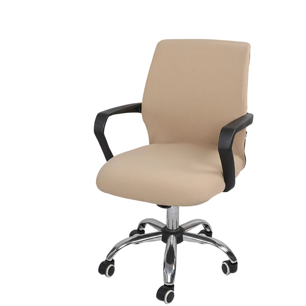 Beige office chair with black armrests on a white background